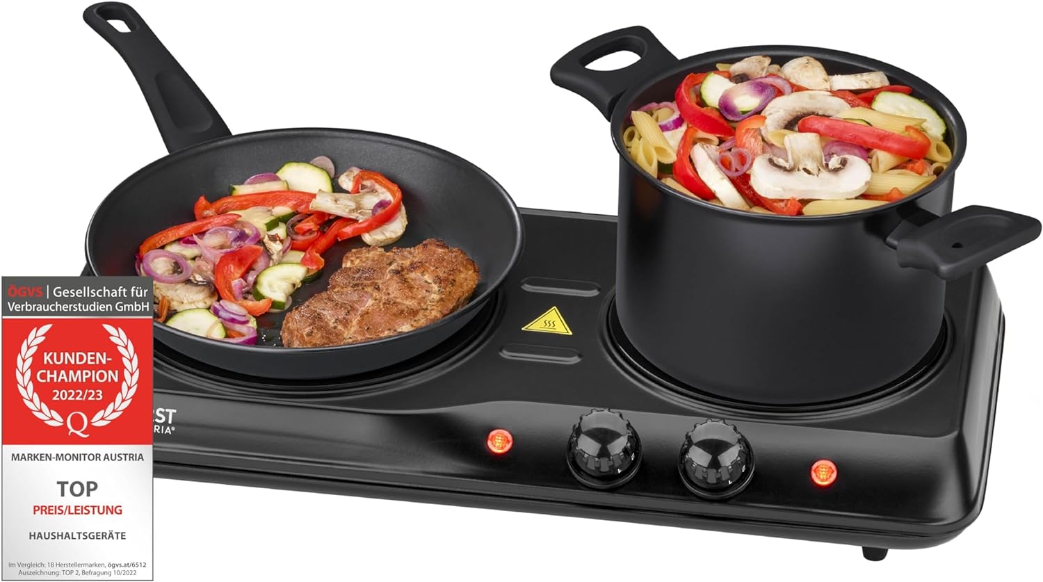 TZS First Austria Infrared Ceramic Hob Double | All Pot Types | Double Hob 19 cm / 16.5 cm | Hob for Moving, Camping, Holiday Home - Quick Heating & Continuous Adjustment