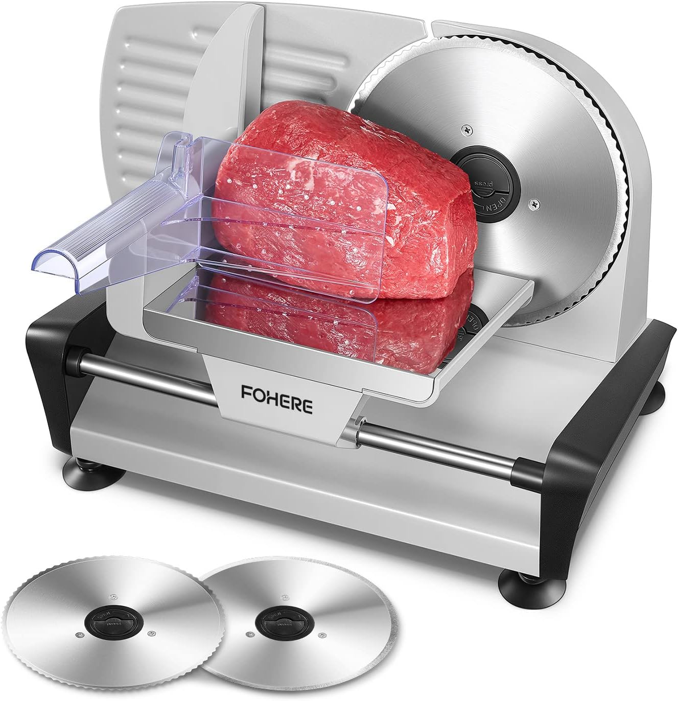 FOHERE Electric Bread Slicer with Adjustable Cutting Thickness (0-15 mm), 200 W Sausage Cutter, 2 x 19 cm Stainless Steel Round Knife, Ham Cutter, Safety Protection