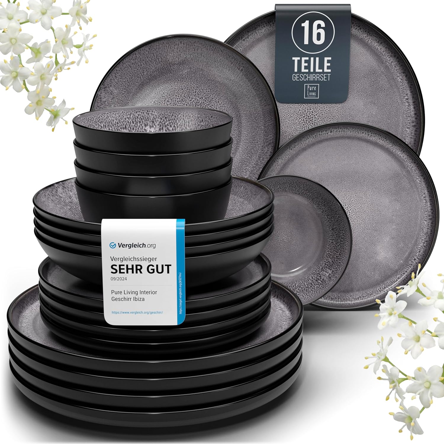 Pure Living Ibiza Stoneware Crockery Set for 4 People, 16 Pieces, Test Winner, Dreamy Mediterranean Stoneware Set, Bowl & Plate Set, Dinner Service for 4 People, Tableware Sets in Grey