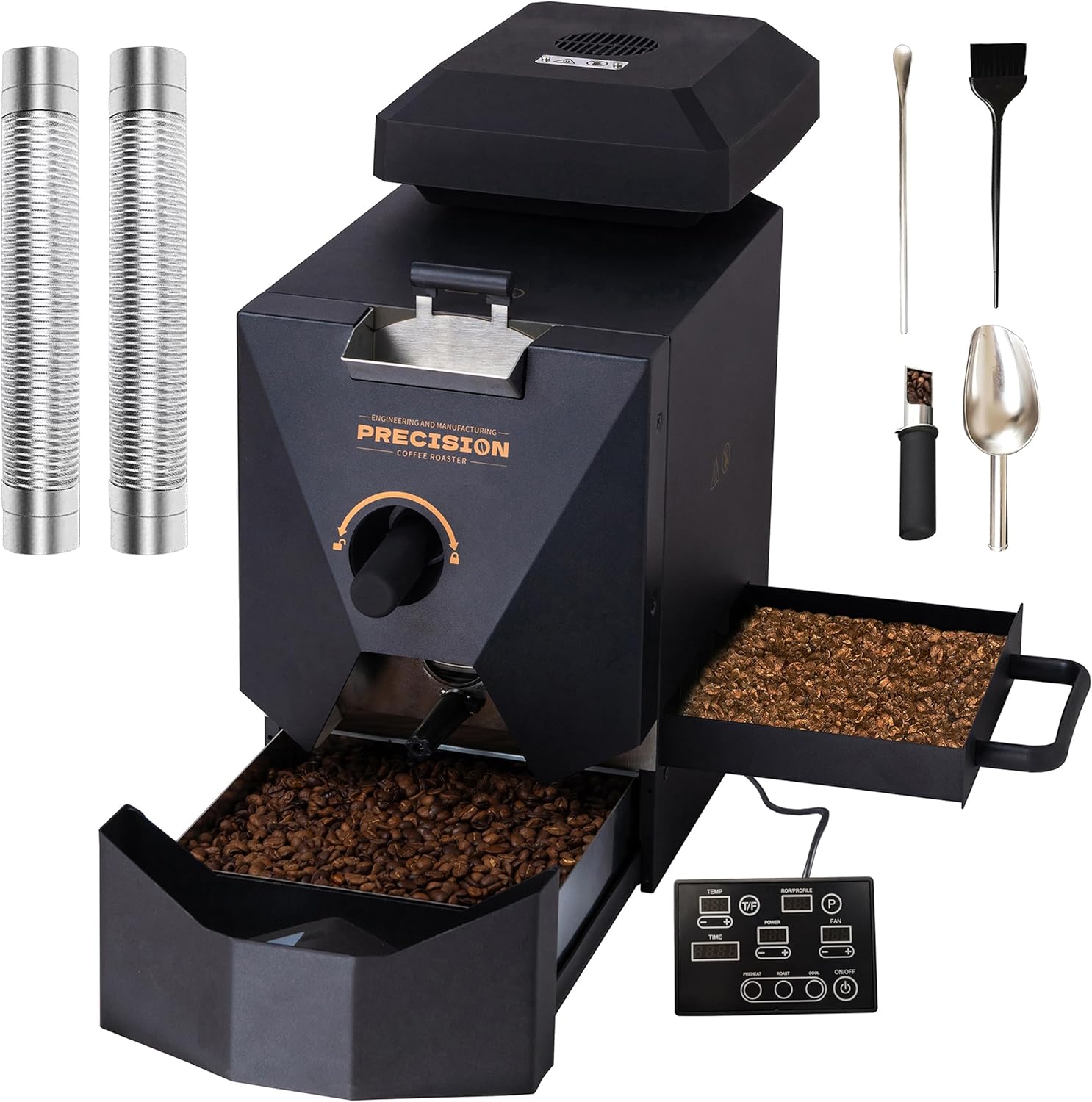 Electric Coffee Roaster for Home Use, Automatic Roasting and Easy Operation with Smoke Filter (Suitable for Light Roasting), 2 Chimney Tubes and Spruce Collector
