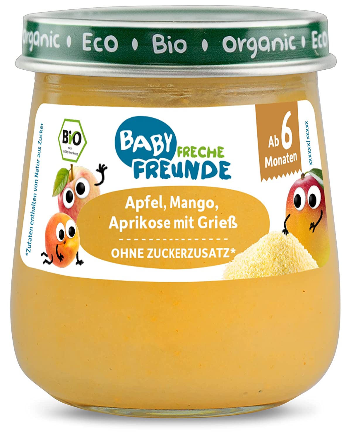 BABY FRECHE FREUNDE Bio Gläschen Apfel, Mango, Aprikose mit Grieß, für Babys ab 6 Monaten, ohne Zucker- und Salzzusatz, vegan, 6er Pack (6x120g)