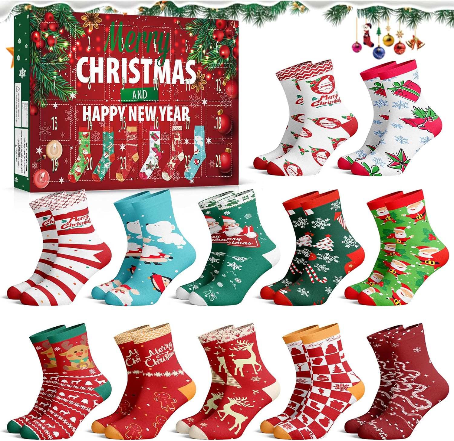 Christmas Socks Advent Calendar 2025-24 Days Dvent Calendar Socks Women/Men, 12 Pairs Christmas Socks, Christmas Calendar Christmas Socks Gift Set, Funny Festive Gift