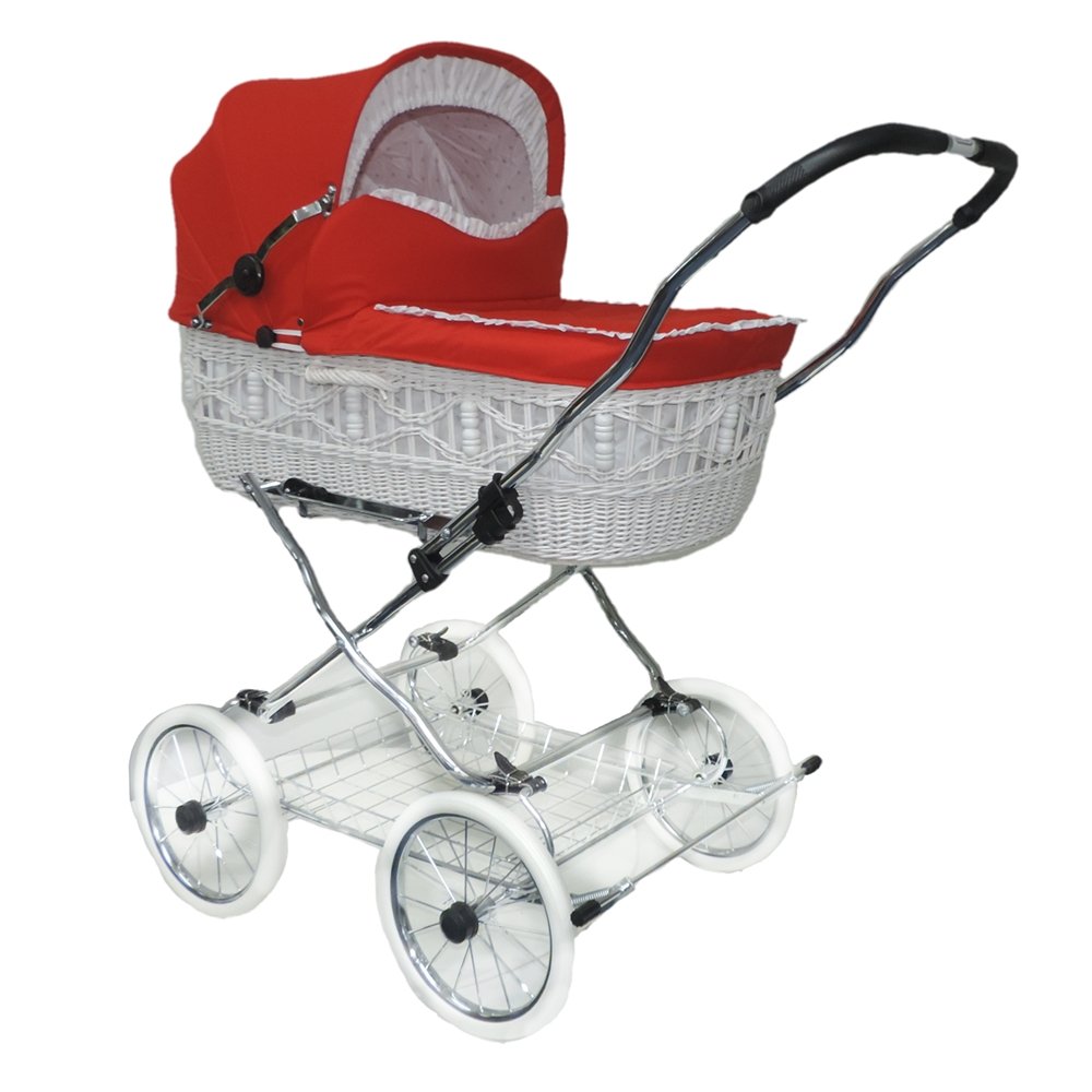 Eichhorn Wicker Basket for Prams, White Basket, Red Fabric, Large Lying Surface, Soft Sprung, Includes Mattress and Rain Cover