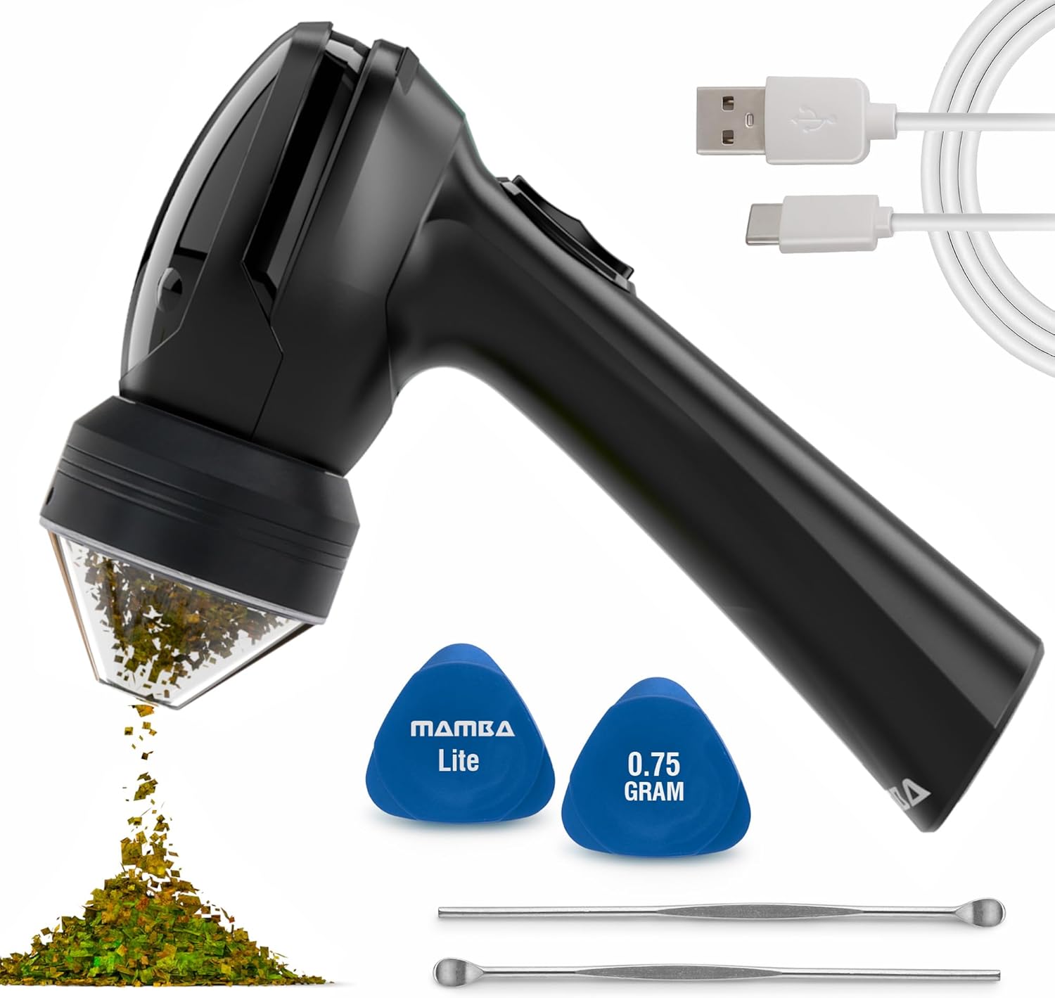 Mamba Lite Black 0.75g USB Herb Grinder with Plastic Head and Accessories Portable Electric Spice Grinder for Kitchen and Cooking