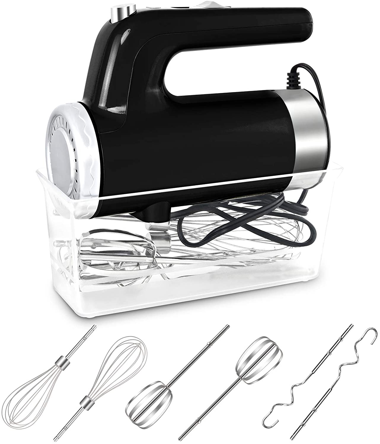 I00000 IOOOO Hand Blender Black 9 Speeds with Digital Screen and Timer, 400W Electric Hand Mixer with 6 Stainless Steel Attachments and Transparent Storage Case (Black)