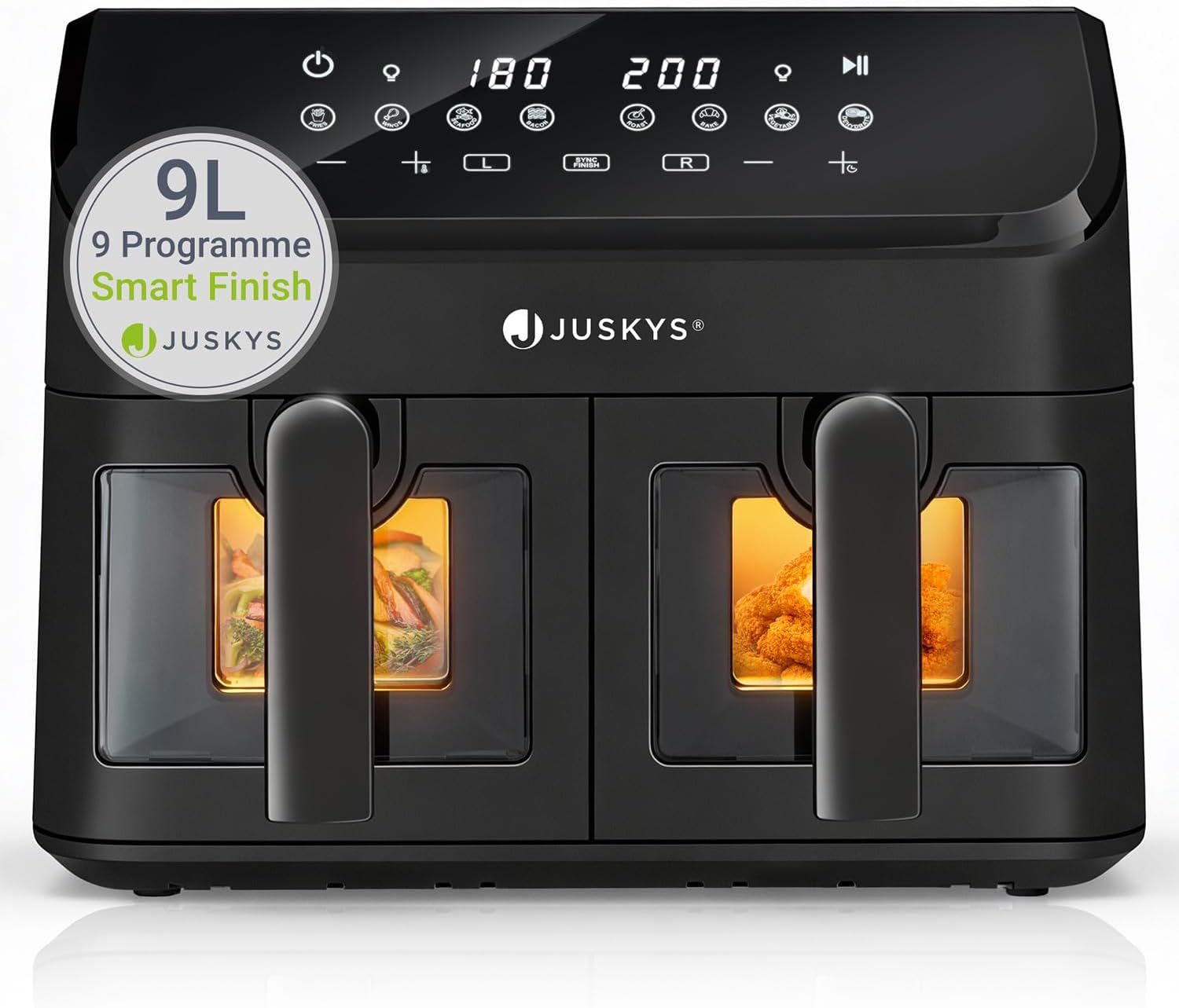 Juskys Airfryer 9 L Double Chamber Hot Air Fryer 2 Chambers, 9 Programs, Coated, XXL Fryer