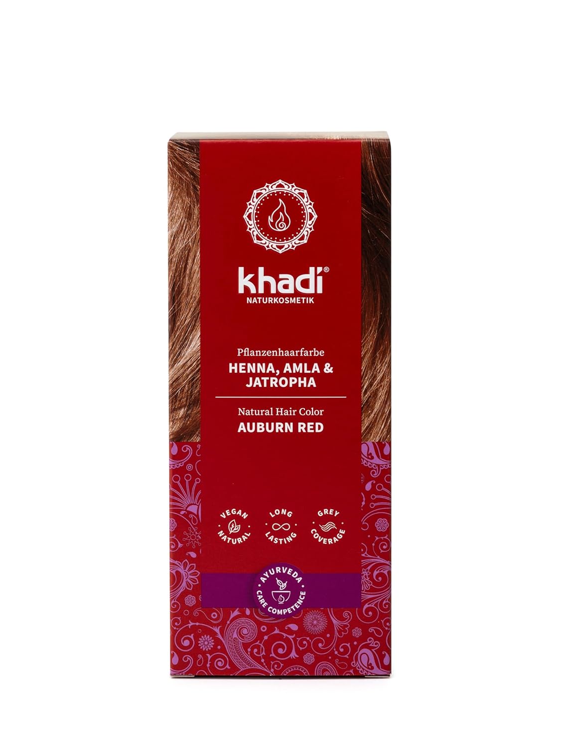Khadi Plant-Based Hair Color, Henna, Amla & Jatropha, Hair Color for Light Red to Dark Red, Natural Hair Color, 100% Vegetable, Natural & Vegan, Natural Cosmetics, 100 g