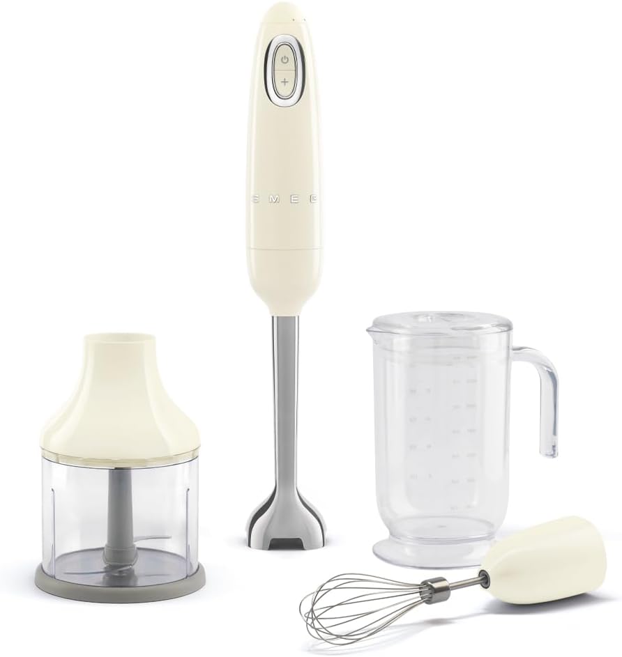 Smeg, HBF03CREU Hand Blender, Turbo Function and Flowblend Cutting System, with Non-Slip Handle, Integrated Cable Winder, Includes Accessories, 700 W Power, Cream