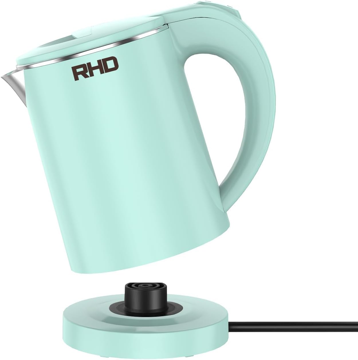 Travel Kettle 500 ml Small Stainless Steel Teapot, Base with Storage Function for Power Cable, Mini Camping Kettle with 600 W for Travel, Camping, Caravan or On the Go (Green)