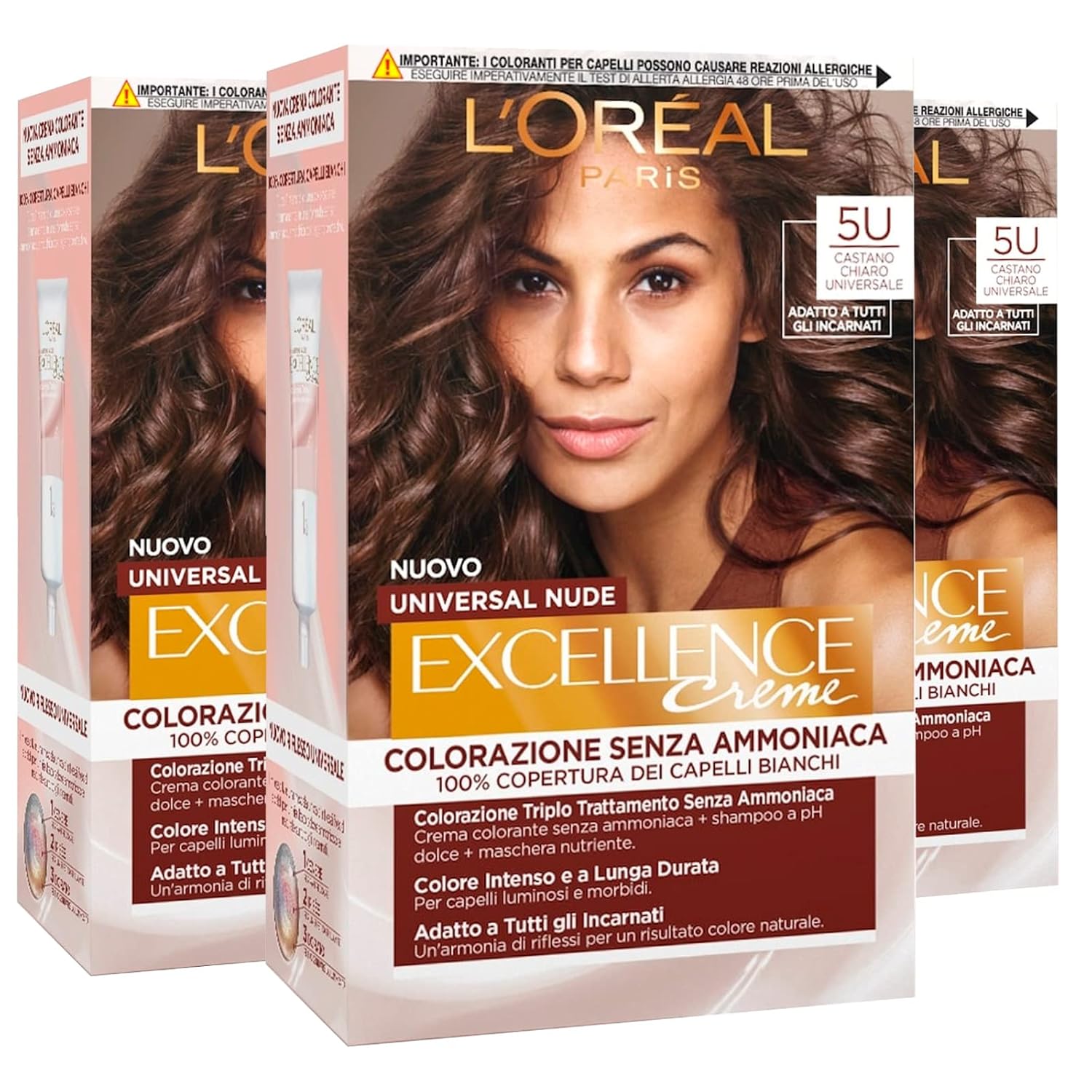 3 x L\'Oréal Paris Excellence Cream Permanent Hair Color Universal Nude Light Brown 5U Triple Treatment - 3 Colors