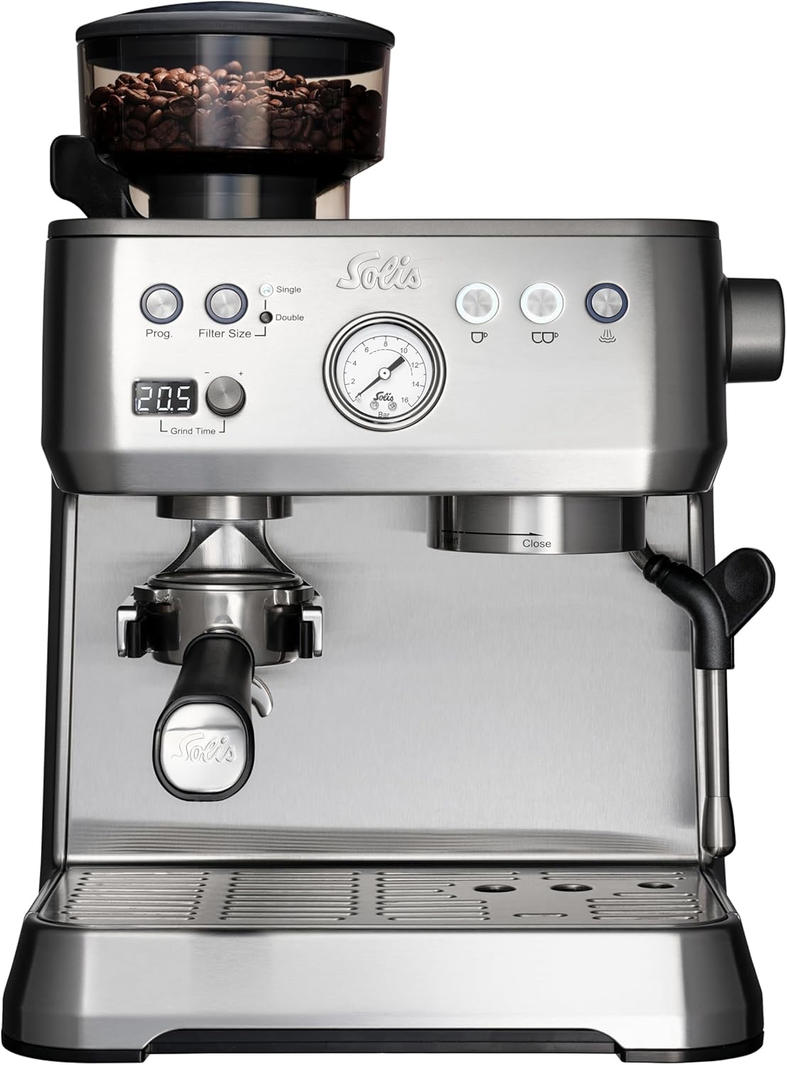 Solis Store Solis Grind & Infuse Perfetta 1019 Portafilter Machine - Coffee Machine with Grinder - Integrated Zero Static Coffee Grinder - Espresso Machine with Steam and Hot Water Function - Stainless Steel