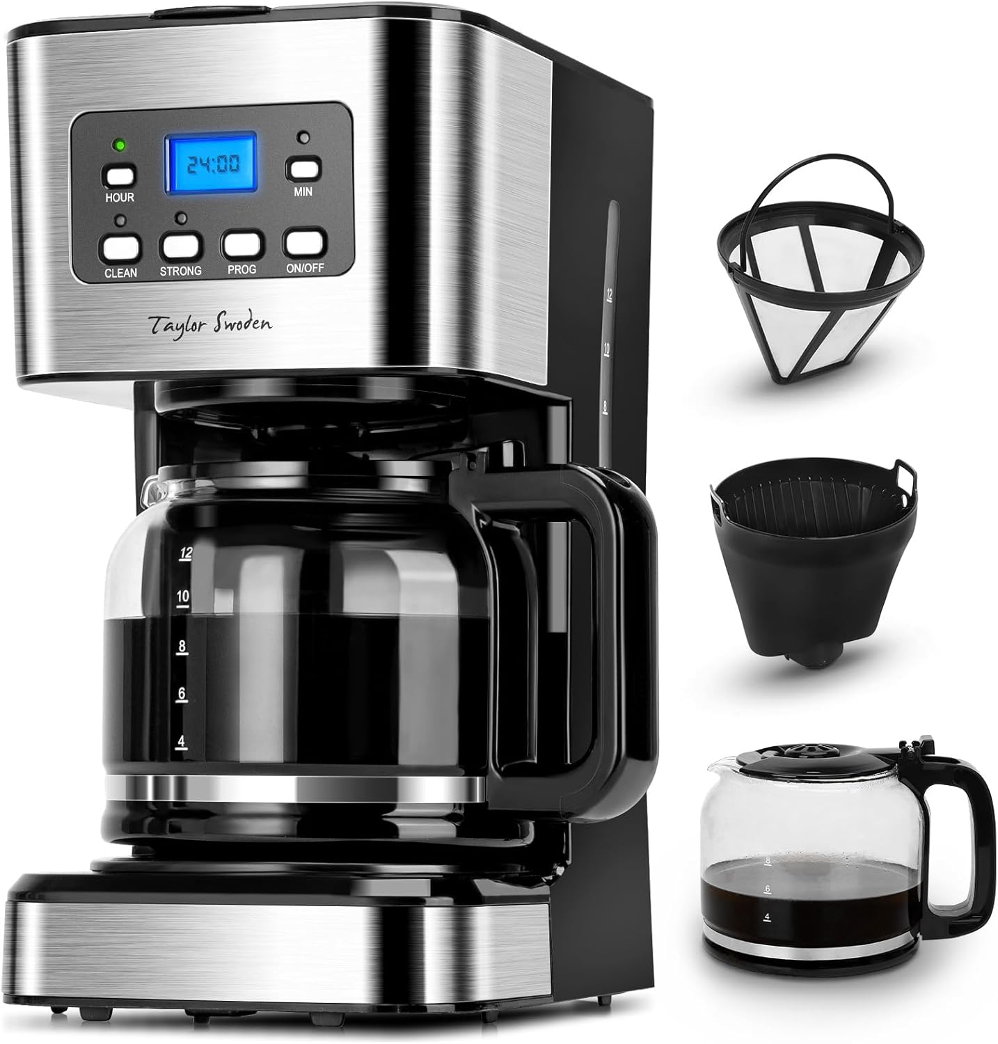 Taylor Swoden Darcy 950 W Coffee Machine with Timer, 1.5 L Filter Coffee Machine, 12 Cups, Automatic Shut-Off, Drip Stop, Reusable Filter and Heating Plate, BPA-Free, Black