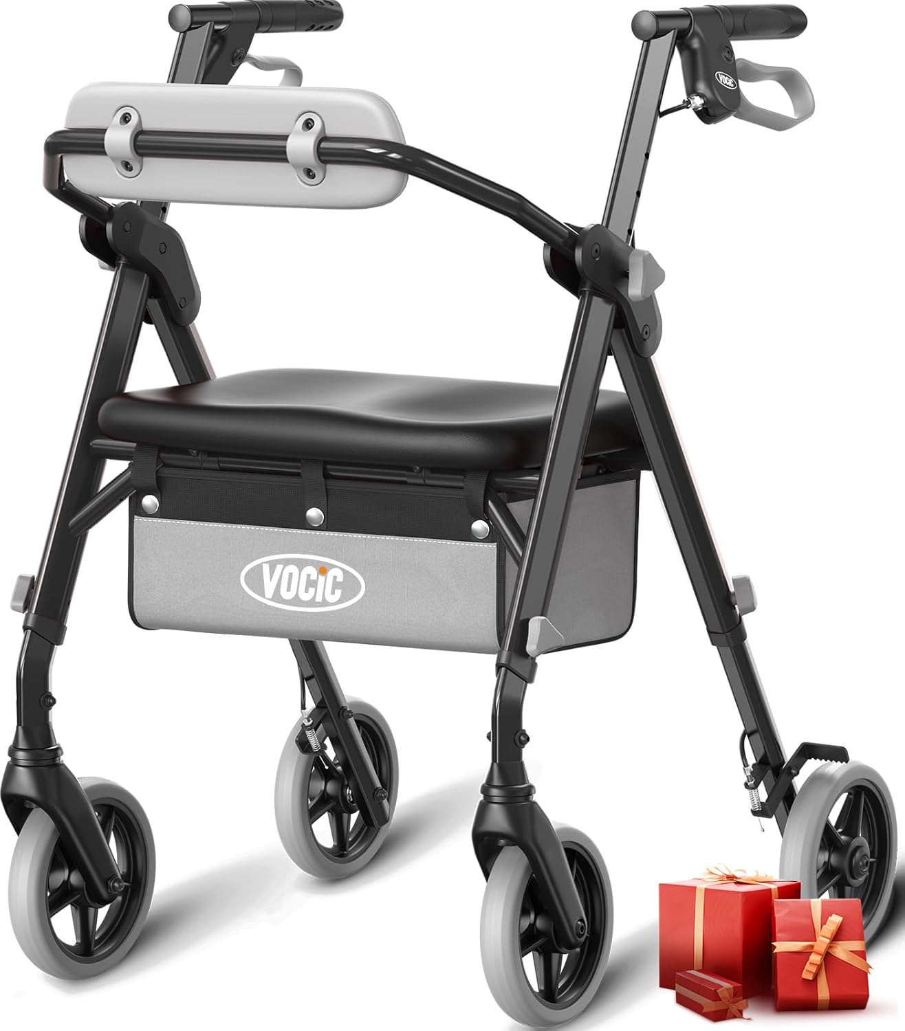VOCIC Z11 Foldable and Lightweight Rollator with Seat, Max 172 kg, Narrow Rollator for Home, Easy Folding for Seniors, Ergonomic Seat, Height Adjustable, Obsidian, 5 Year Support