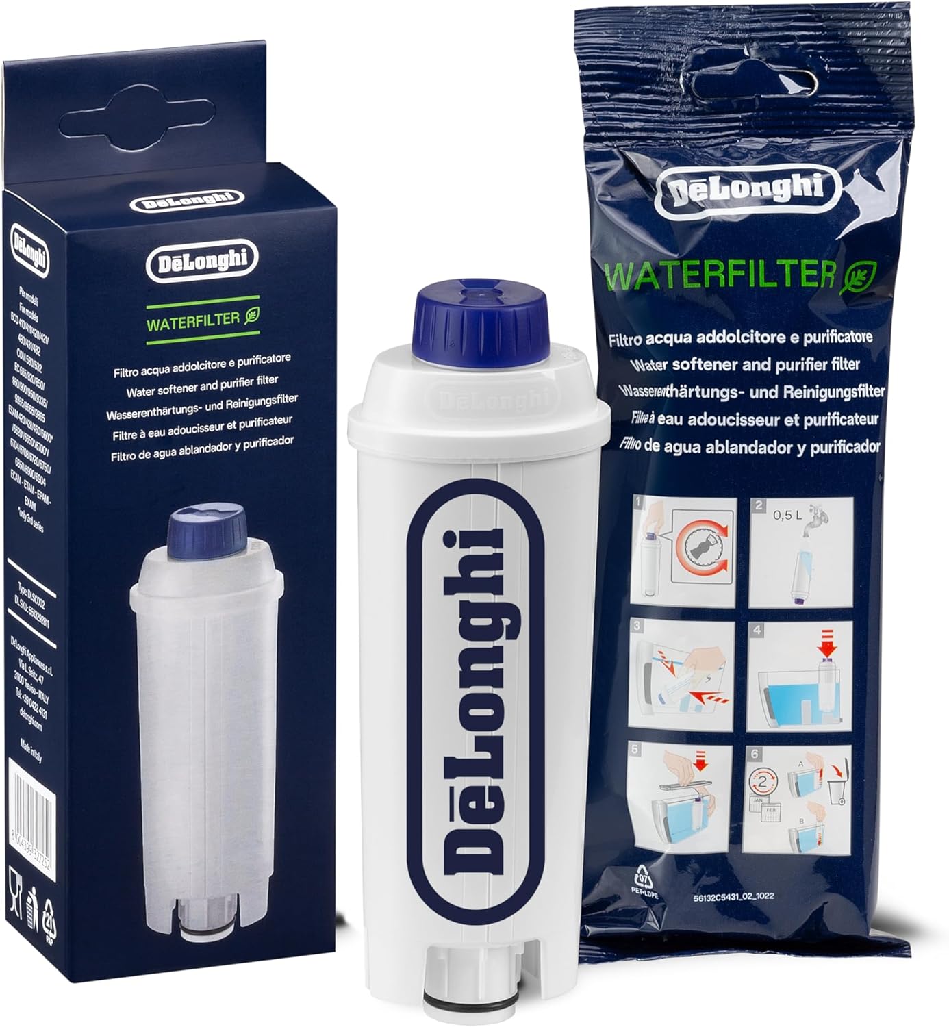 De\'Longhi Original Water Filter DLSC002, Accessories for De\'Longhi Fully Automatic Coffee Machines, Care and Protection, Optimises Coffee Quality and Protects Against Limescale, White, 0.5 L, 1 Pack