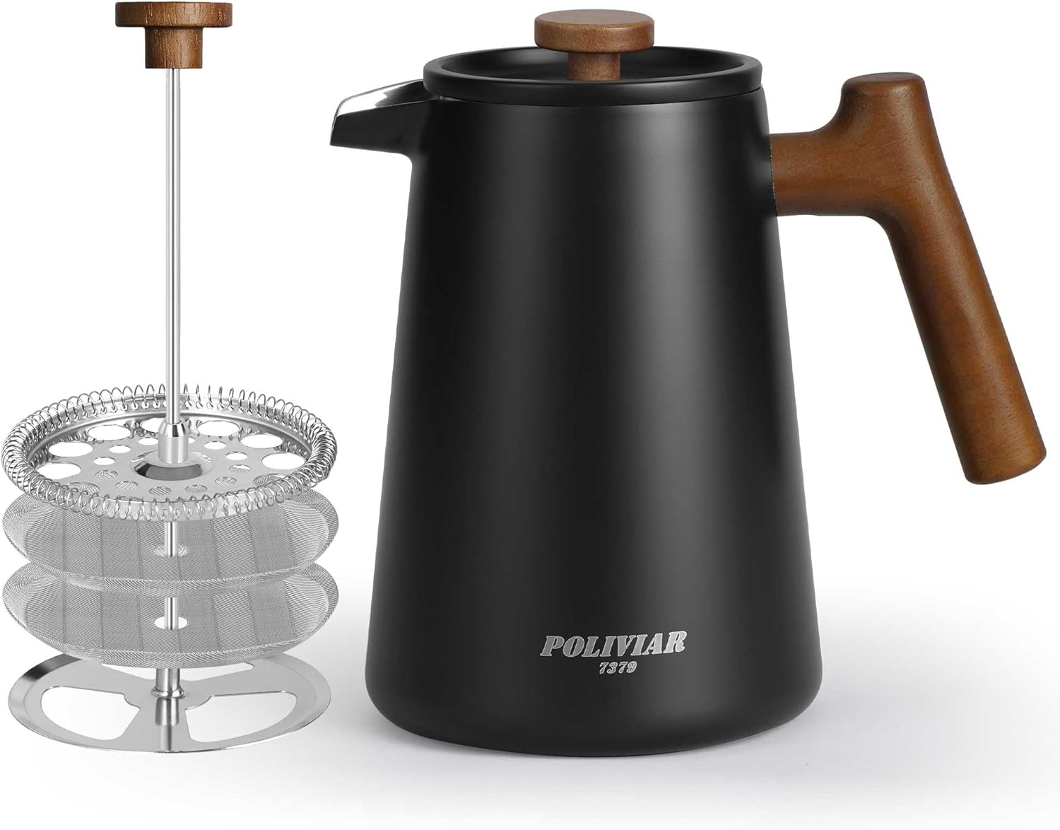 Poliviar JX2025-XFPB-DE French Press Coffee Maker 1 Liter / 8 Cups, Double-Walled Insulated Coffee Pot and Tea Maker, Hand Filter Coffee Press with Plunger & Wooden Handle