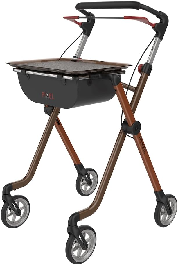 SoNa24 Indoor Rollator PIXEL by Rehasense | only 5.2 kg | maneuverable, narrow, foldable with tray, 2 pockets, parking brake | Click]Safe locking mechanism (toffee/brown)