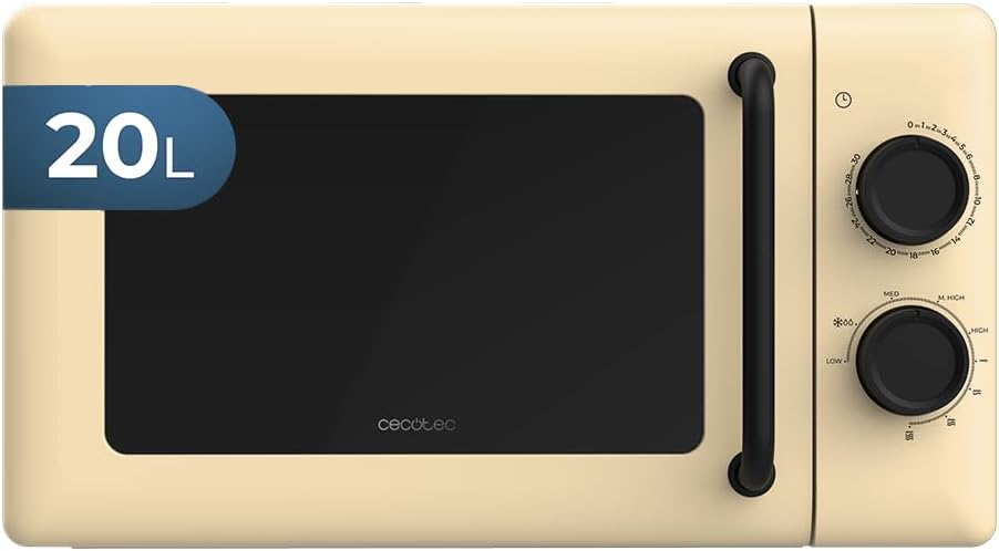 Cecotec Proclean 3110 Mechanical Microwave with Grill 20L Yellow. 700 W in 6 levels and 800 W grill, defrost mode, cooking time end signal, interior light, 30 minute timer, yellow design