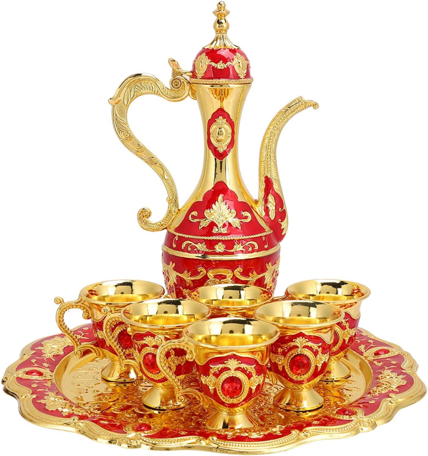 Turkish Coffee Pot Set, Vintage Turkish Coffee Cup Set, Metal Tea Cup, Coffee Pot with 6 Coffee Cups, Tea Cups Set for Gift, Wedding, Christmas (Red)