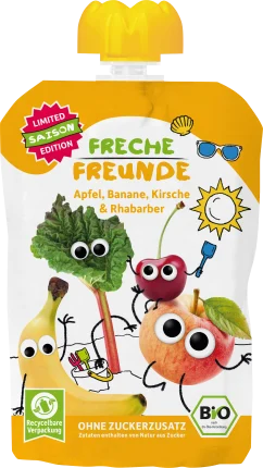 FRECHE FREUNDE Squeeze apple, banana, cherry & rhubarb, from 8 months, 100 g