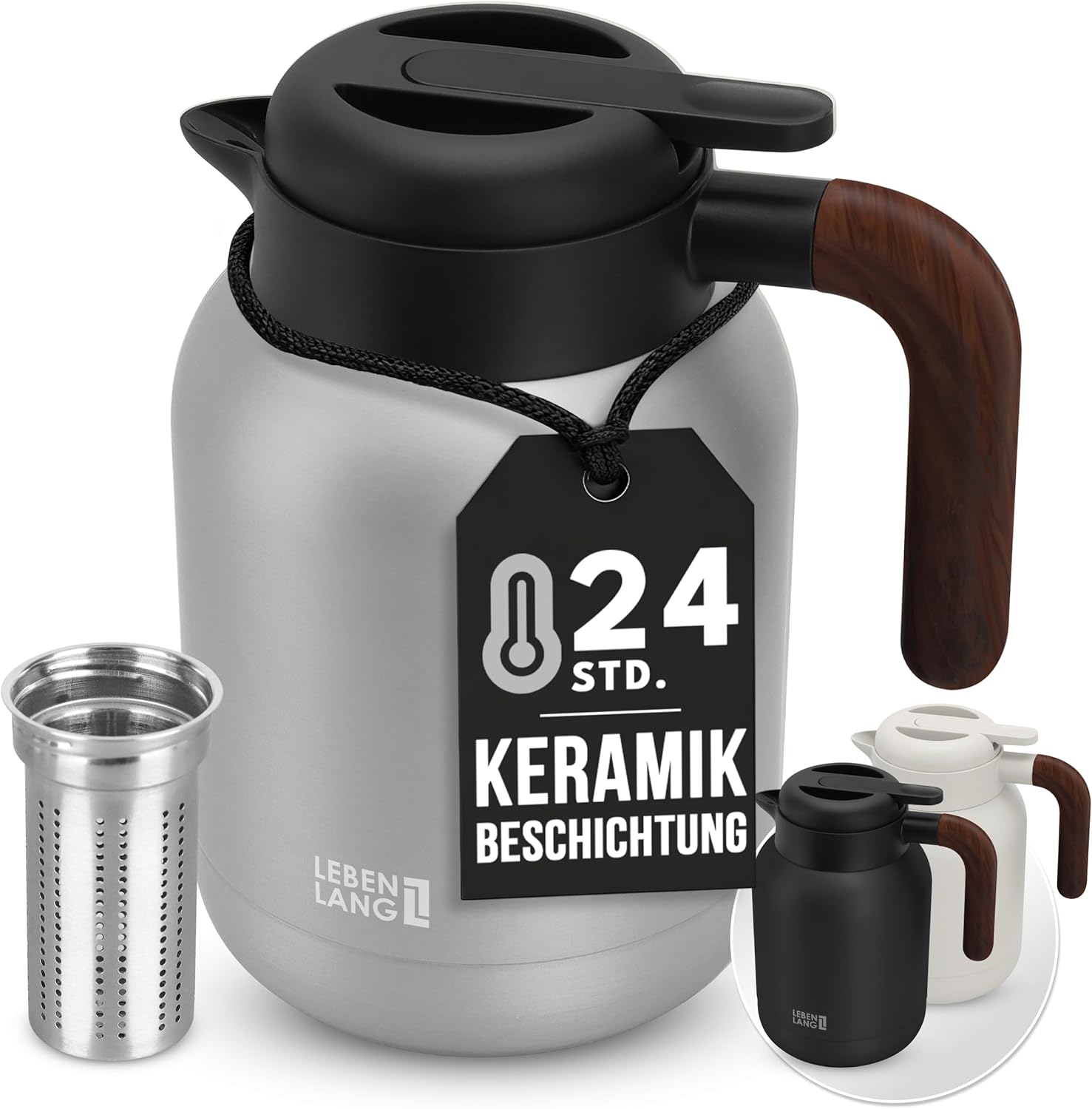 LEBENLANG Thermos Flask 1.5 L Ceramic Coating - Includes Tea Strainer I 24 Hours Hot I Coffee Pot Coffee & Teapot with Strainer Insert I Thermal Flask Tea Thermal Jug Thermos Flasks 1 5 Liters