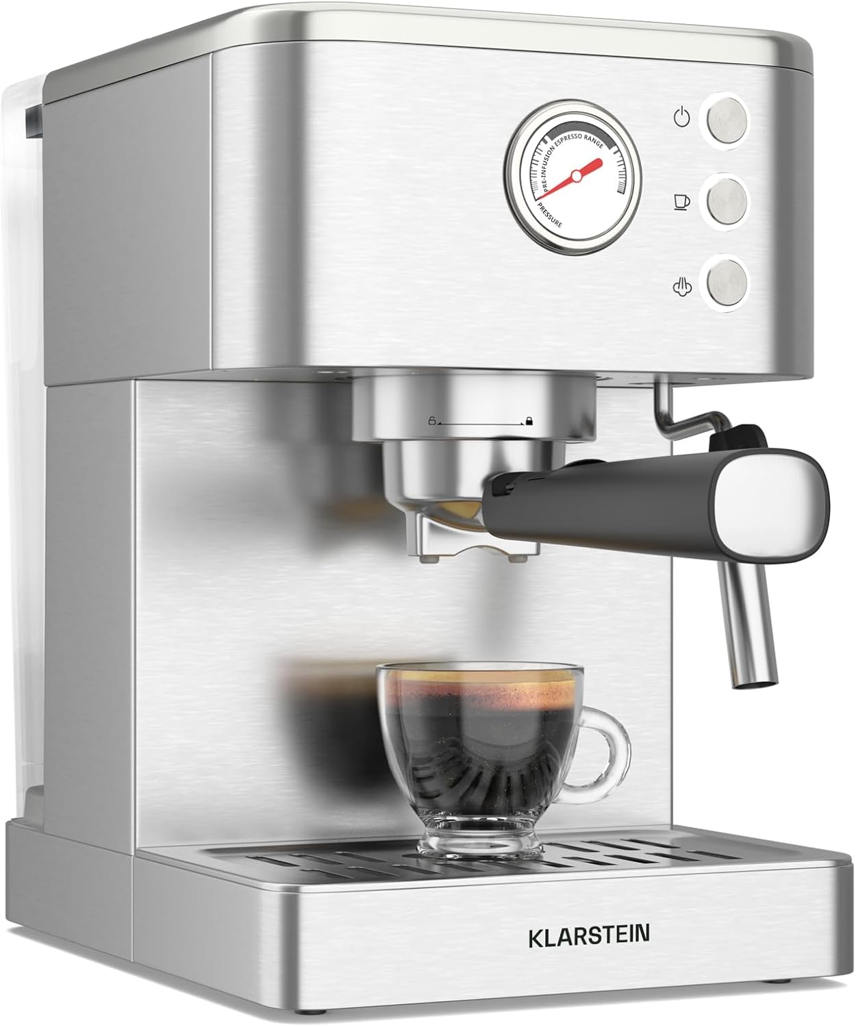 Klarstein SteelPresso Portafilter Machine - 20-Bar, 1350W, Stainless Steel, Steam Function, 1.5L Water Tank, Compact Design, Mechanical Control, Warming Plate