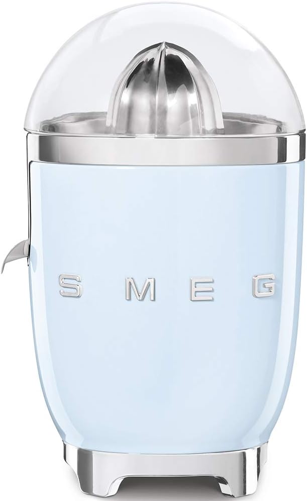 SMEG, Electric Citrus Juicer CJF11PBEU Drip Proof Spout and Universal Cone, Non-Slip Feet, Stainless Steel Filter Strainer and Press Cone, 70 W, Blue