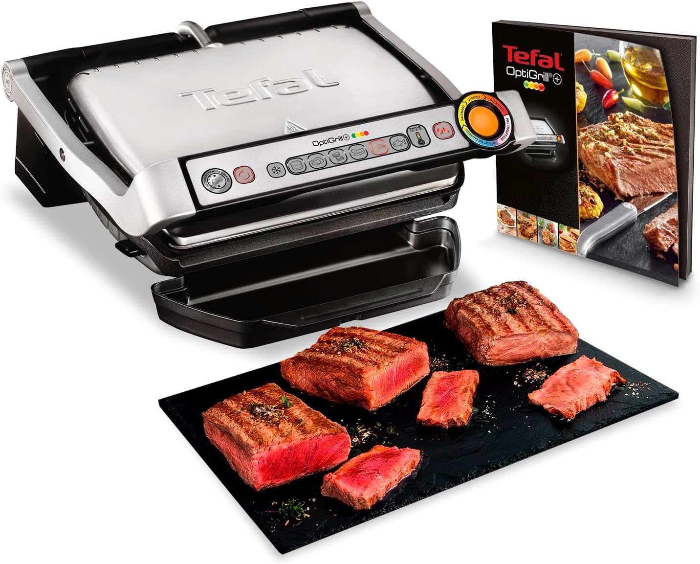 Tefal Store Tefal OptiGrill+ Contact Grill, 6 Programmes, Cooking Level Display, Removable Plates, Manual Mode, Electric Grill, Stainless Steel, GC712D12
