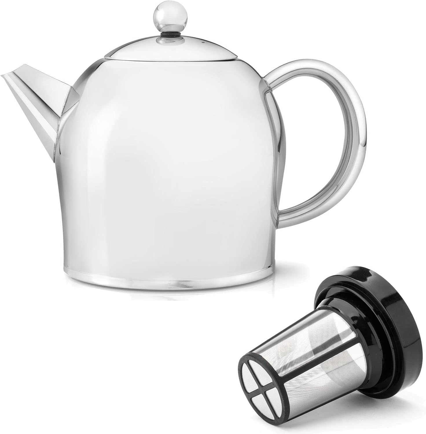 Teapot Set 1.0 Litres - Shiny Stainless Steel Double-Walled - Large Tea Maker with Tea Filter Strainer Attachment for Loose Tea