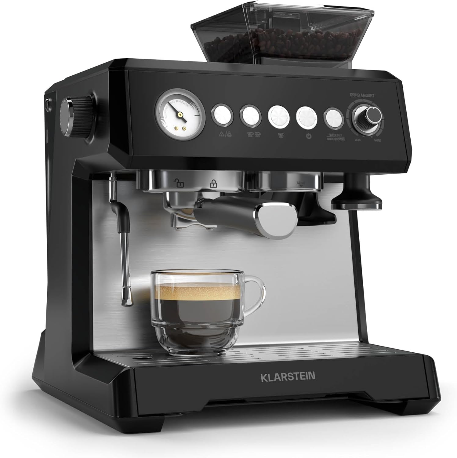 Klarstein GrandPresso Portafilter Machine with Grinder - 20 Bar, 1350 W, Integrated Precision Grinder, Steam Nozzle, 2.3 L Water Tank, Black, Cup Warmer