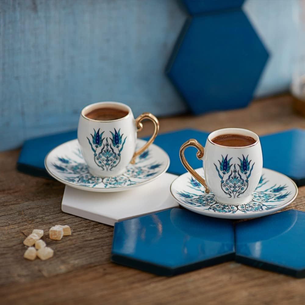 Karaca Iznik Coffee Service for 2 People, 2 x Espresso Cups and 2 x Saucers, Mocha Cups Set Made of Porcelain, Cappuccino, Traditional Turkish Coffee Cups