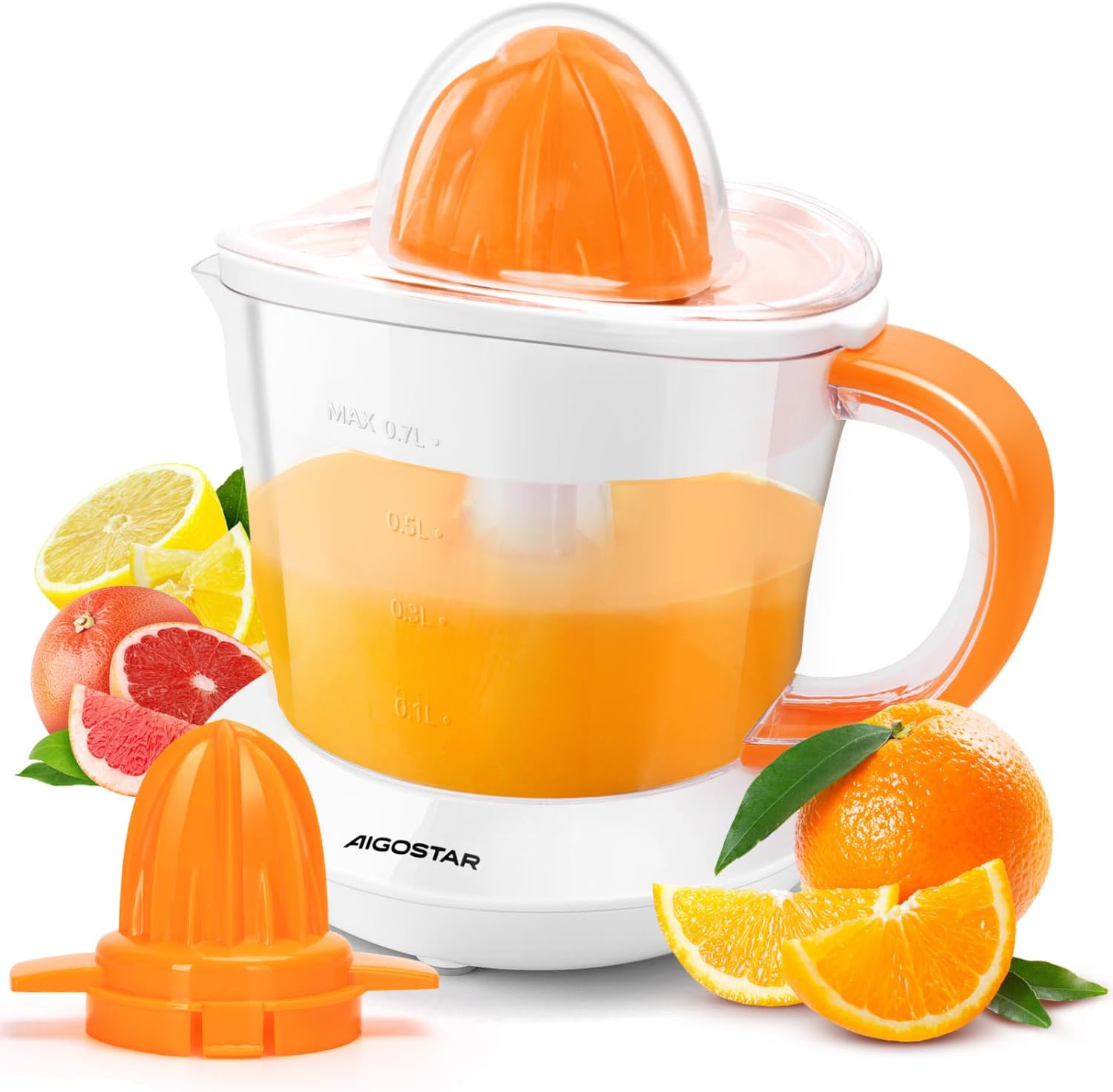 Aigostar Electric Juicer with 2 Cones, Orange Juicer 40 Watts, Citrus Press 0.7 Liters, 2 Rotation Directions, High Juice Yield, Drip-Proof Spout, BPA-Free (Orange)