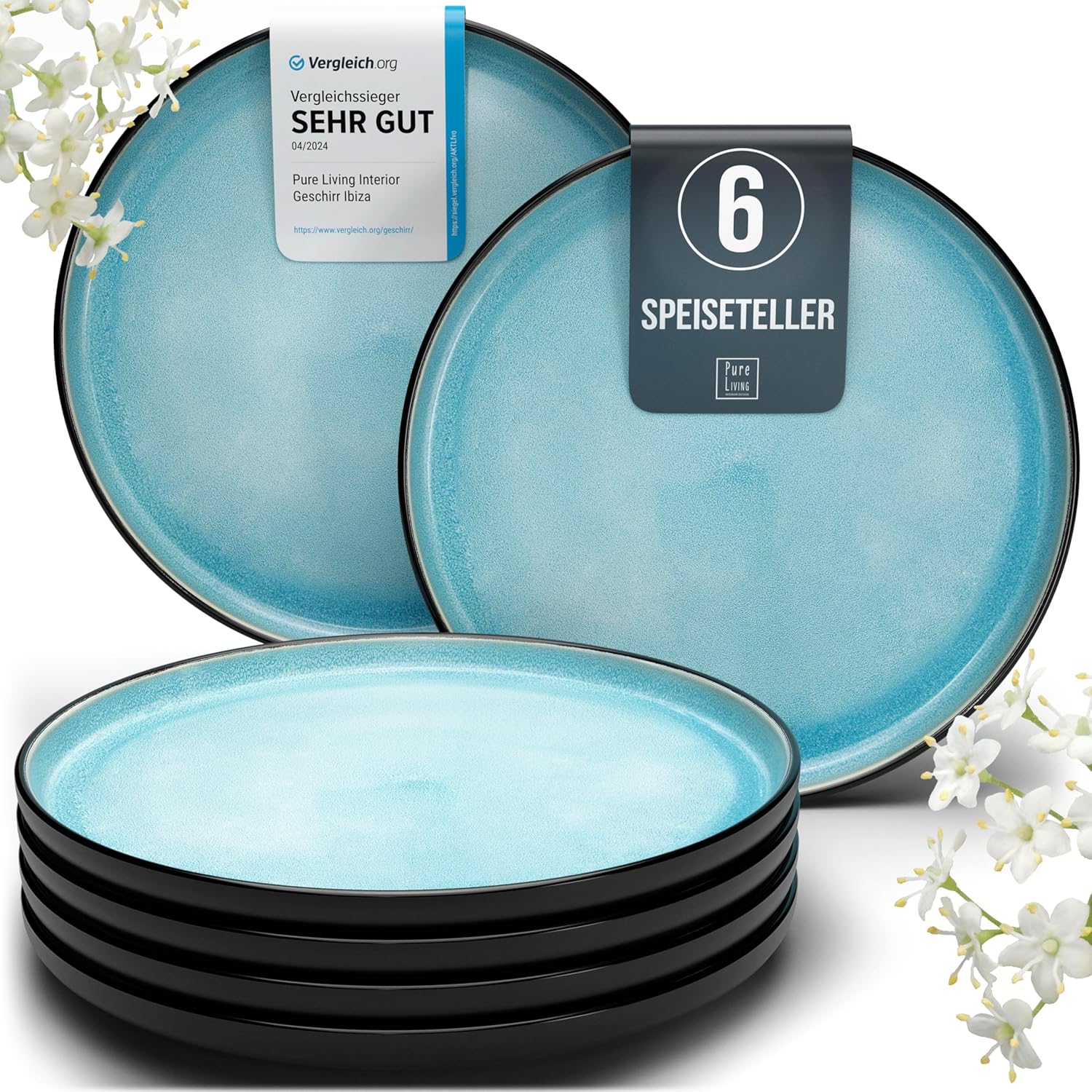 Pure Living Ibiza Large Stoneware Plates for 6 People, Mediterranean Dinner Plate Set, ‘Very Good’ in Test, Dishwasher and Microwave-Safe, Scratch-Resistant, Stylish Dinner Plate Set, Aquamarine