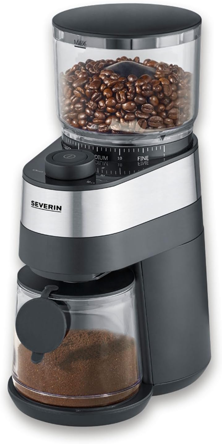 SEVERIN KM 3880 Electric Coffee Grinder, Aromatic Gentle Disc Grinder, Adjustable Quantity Dosage, Grinding Level Adjustable in 30 Levels, Removable Bean Container, 140 Watt, Stainless Steel