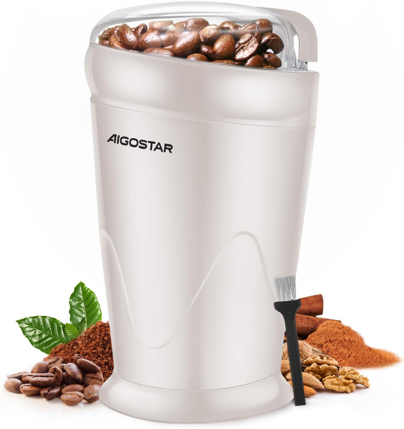 Aigostar Bella Electric Coffee Mill and Spice Mill, Electric Coffee Bean Mill for Cereals, Spices and Nuts, 60 g, 150 W, Milky White