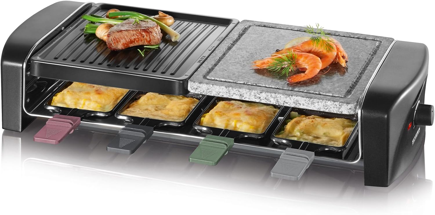 SEVERIN Raclette grill with natural grill stone and cast plate, approx. 1,400 W, incl. 8 pans, RG 9645
