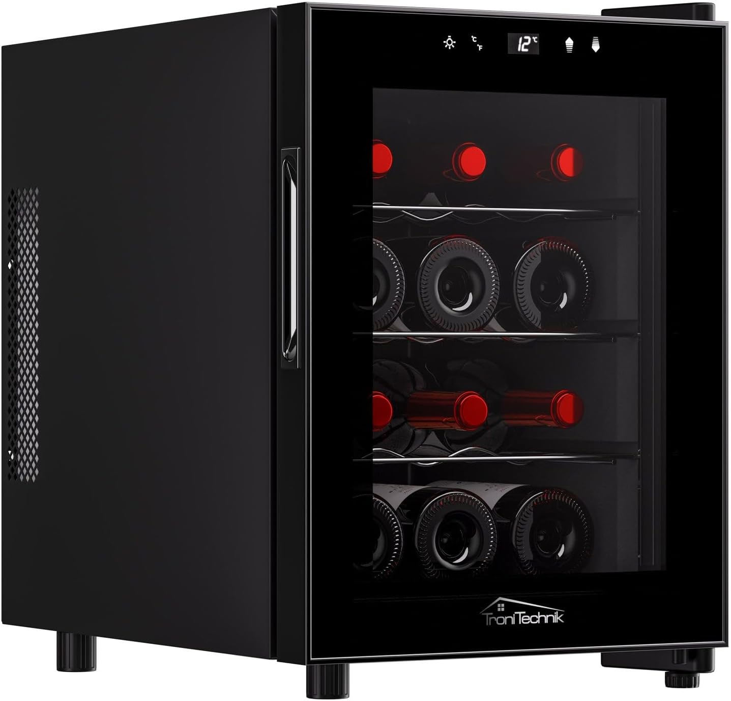 Tronitechnik® Bordeaux Wine Refrigerator, Mini Bar, Mini Fridge, Drinks Fridge 31 Liters, 12 Bottles, Wine Cooler with LED Light and Compartments, Freestanding