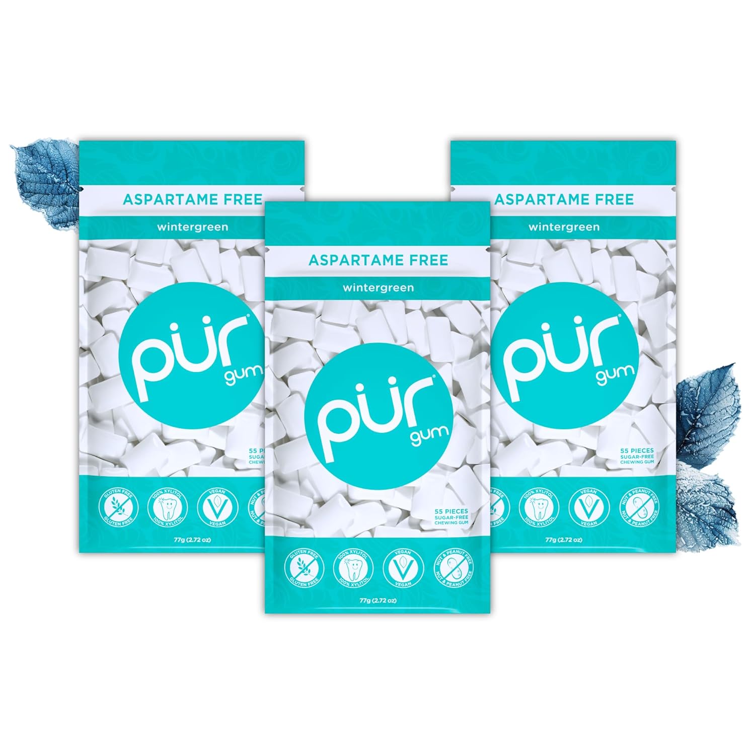 PUR Gum Store PUR Gum | Sugar-Free Chewing Gum | 100% Xylitol | Vegan, Aspartame-Free, Gluten-Free & Diabetic-Friendly | Natural Chewing Gum with Wintergreen Flavor, 55 Pieces (3 Pack)