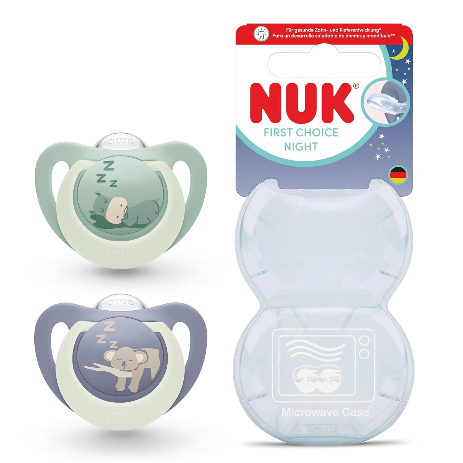 NUK First Choice Night Baby Dummies | 6-18 Months | Orthodontic Dummies that Glow in the Dark | Soothes 99% of Babies** | Hippo/Koala | 0-2 pieces