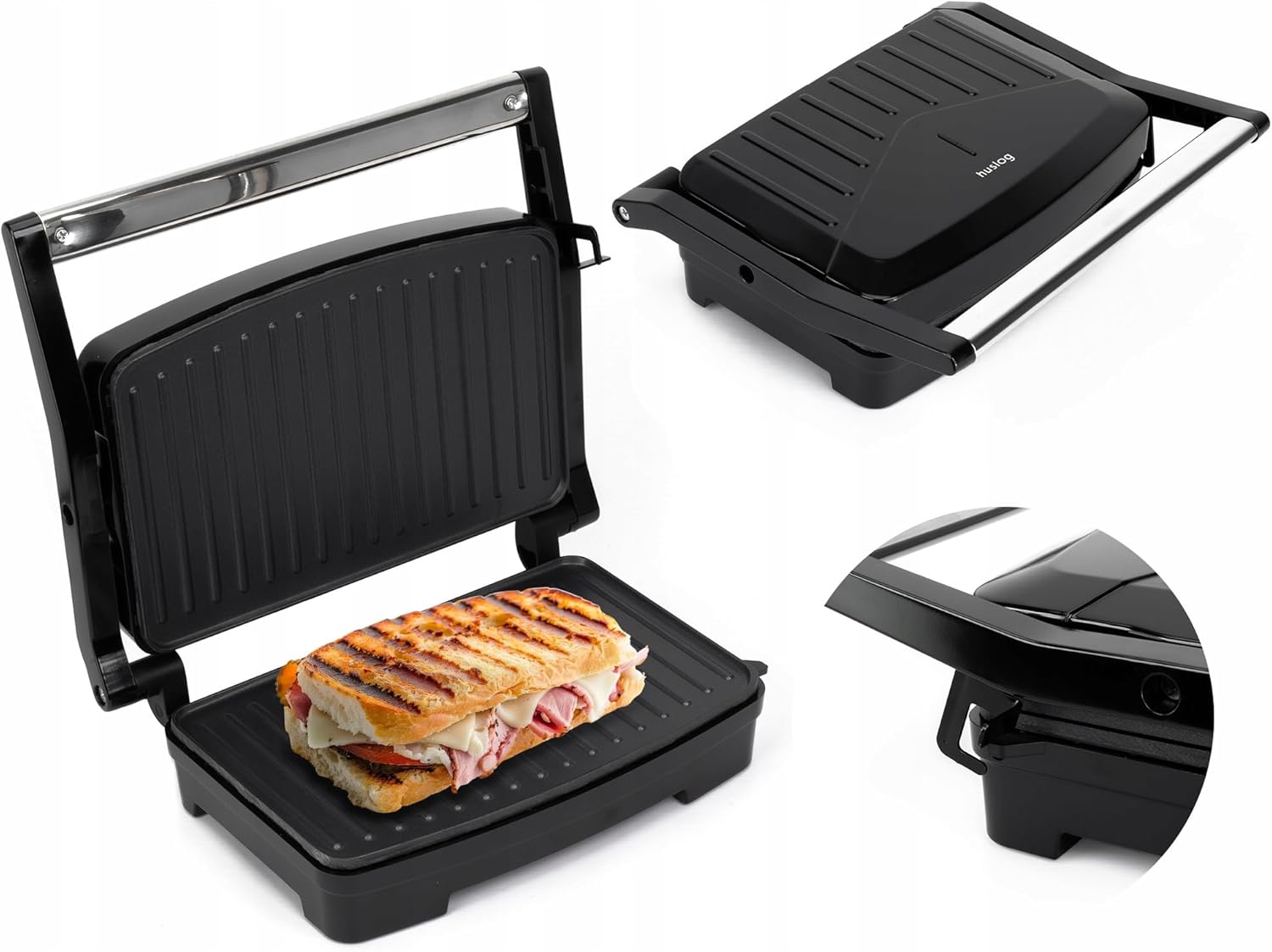 Huslog Sandwich Maker, Panini Toaster, Electric Grill, Black, 1000 W