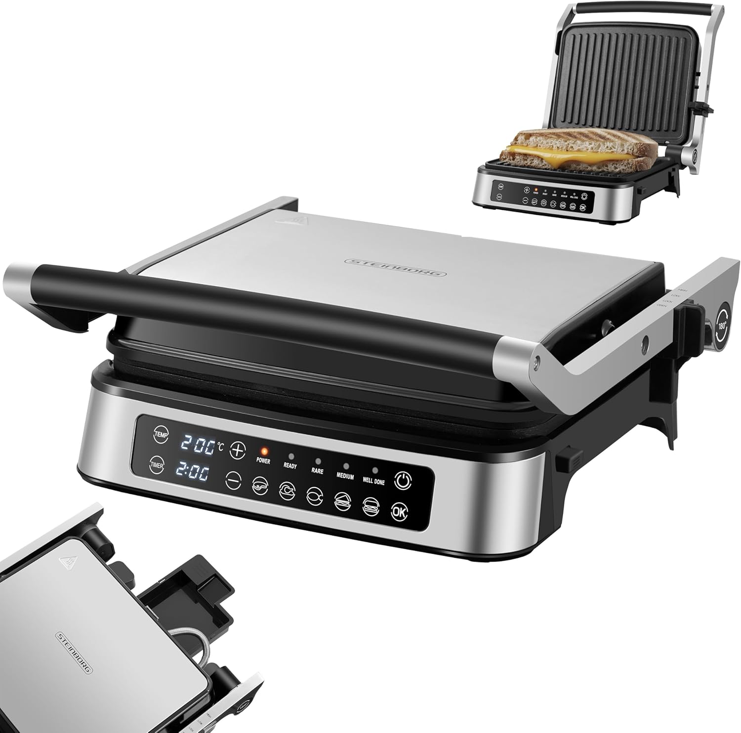 Steinborg Contact Grill Removable Plates with Touch Display - Electric Table Grill & Panini Grill, 180° Hinged, Non-Stick Grill Plates, Dishwasher Safe, Temperature & Timer Display