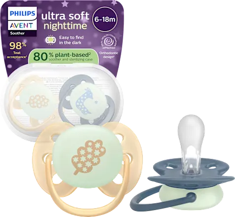 Philips Avent Ultra-soft nighttime silicone pacifiers, beige/blue, from 18 months, 2 pcs