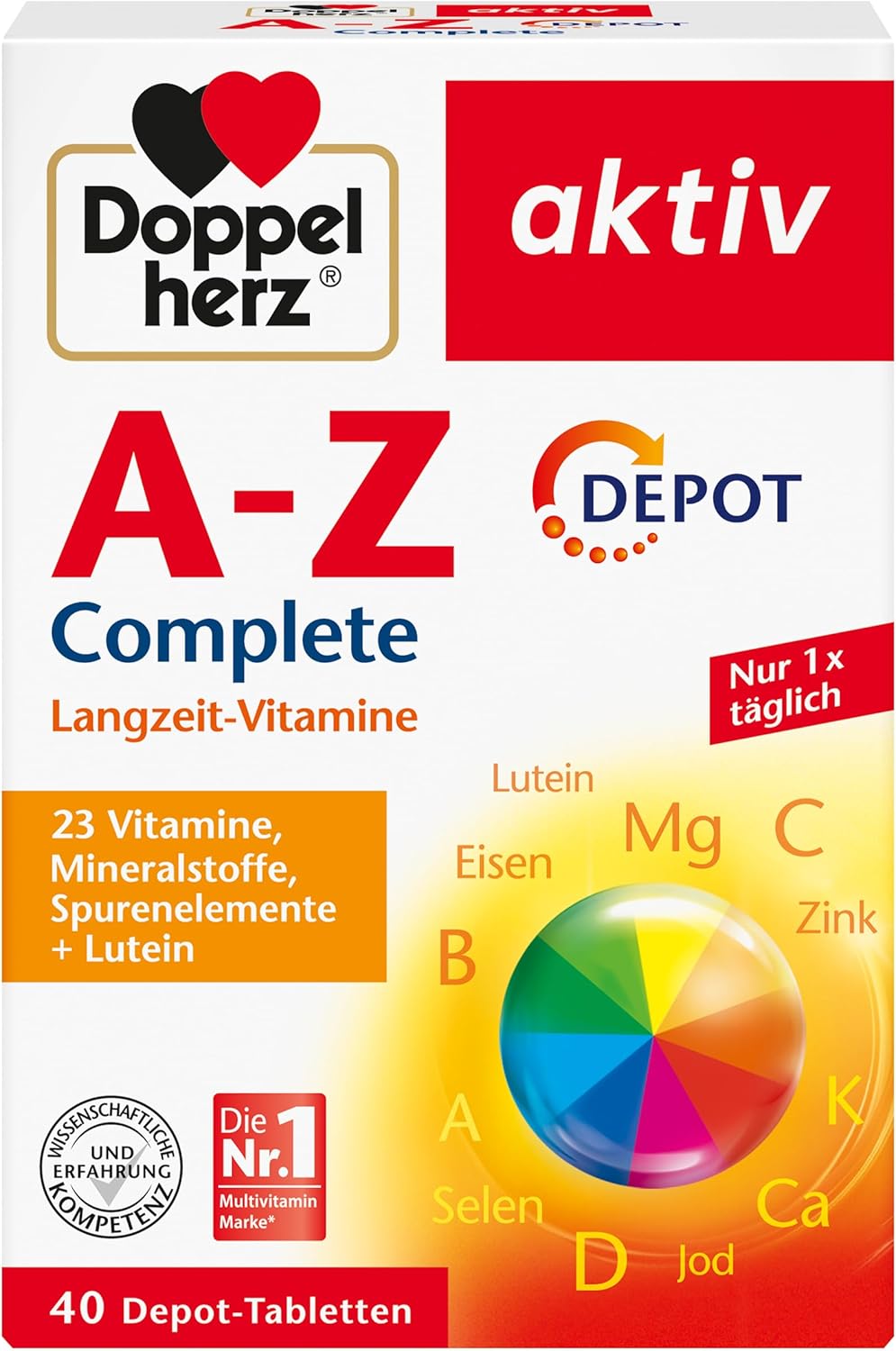 Doppelherz A-Z Complete DEPOT Long-Term Vitamins - 23 Vitamins, Minerals & Trace Elements Plus Lutein - 40 Preventive Tablets