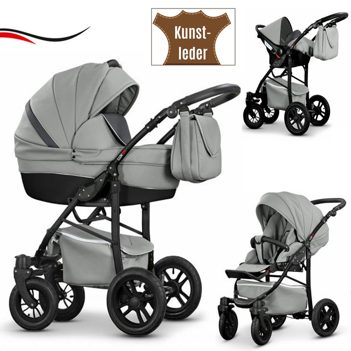 dein_babyladen 16-Piece Quality Travel System 3-in-1 \"Cosmo-Eco\" - Faux Leather: Pushchair + Buggy + Car Seat + Swivel Wheels - Mega Equipment - All Inclusive Package in 37 Great Colours