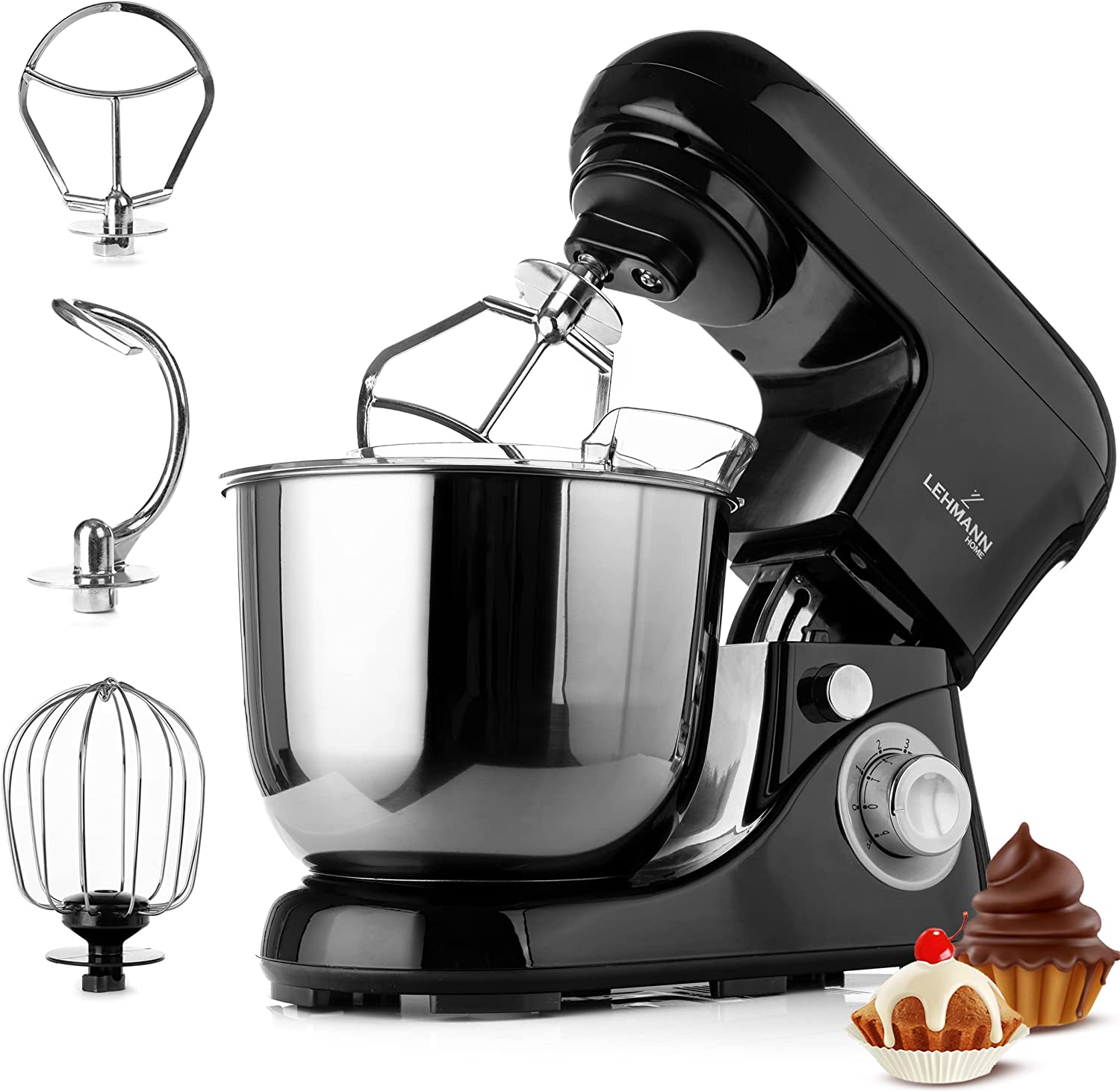 LEHMANN Planetary Food Processor with Stainless Steel Bowl 5 L Multifunctional Food Processor Mixer 2200 W 6 Speed ​​Dough Machine Includes Splash Guard Lid, Dough Hook and Whisk