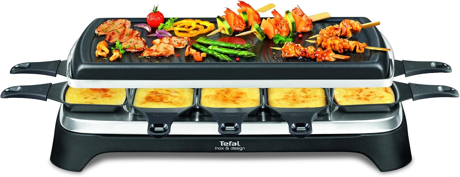 Tefal Ambiance Raclette Grill for 10 People, Includes Table Grill Function, Grill Plate Non-Stick Coating and Dishwasher Safe, Removable 2 Metre Cable, Black, Stainless Steel, 1350 W, RE4588