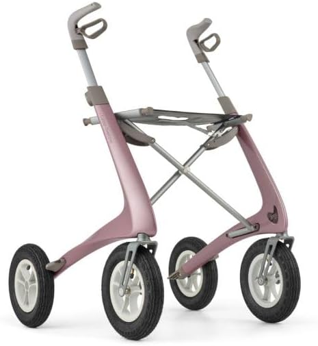 Carbon Overland rollator by Acre, load capacity up to 150kg, air-filled rubber tires, lightweight rollator (6.7kg), with small front-mounted bag (gold-rose)