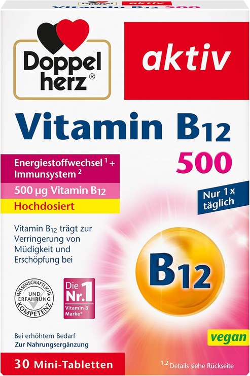 Doppelherz Vitamin B12 500 - High Dose with 500 μg Vitamin B12 per Tablet - Vegan - 30 Mini Tablets