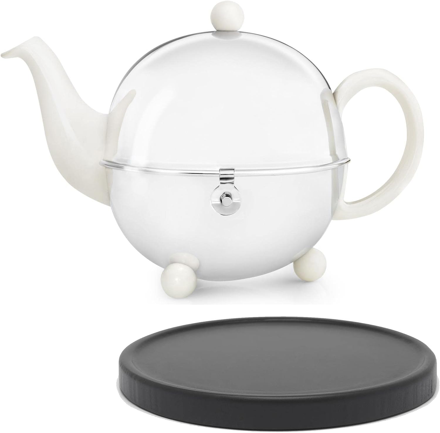 Large White Ceramic Teapot 1.3 Litres & Tea Maker with Tea Filter Strainer Insert & Stoneware Jug with Stainless Steel Felt Cover & Black Wooden Coaster - for Loose Tea