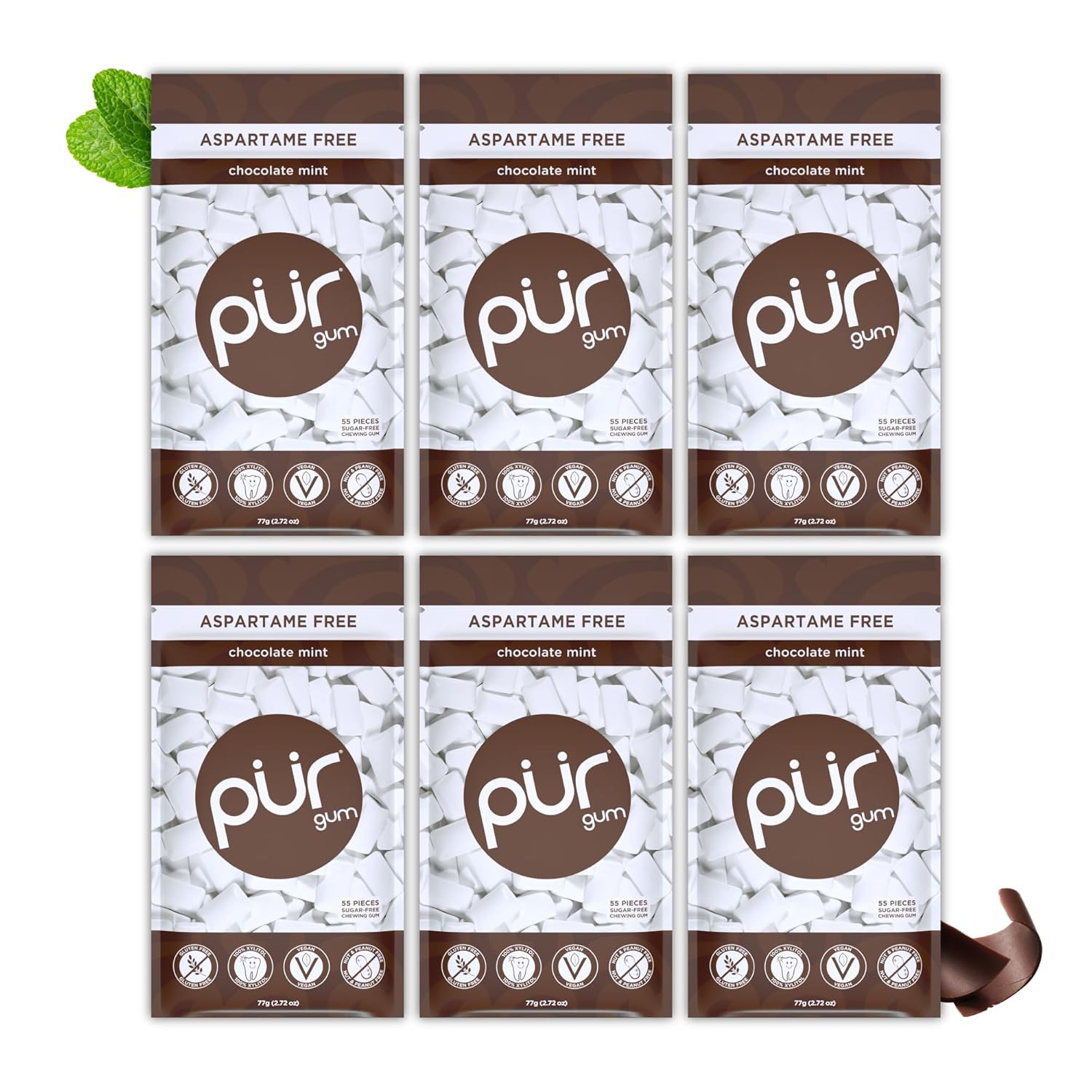 PUR Gum Store PUR Gum | Sugar-Free Chewing Gum | 100% Xylitol | Vegan, Aspartame-Free, Gluten-Free & Diabetic-Friendly | Natural Chewing Gum with Chocolate Mint Flavor, 55 Pieces (6 Pack)