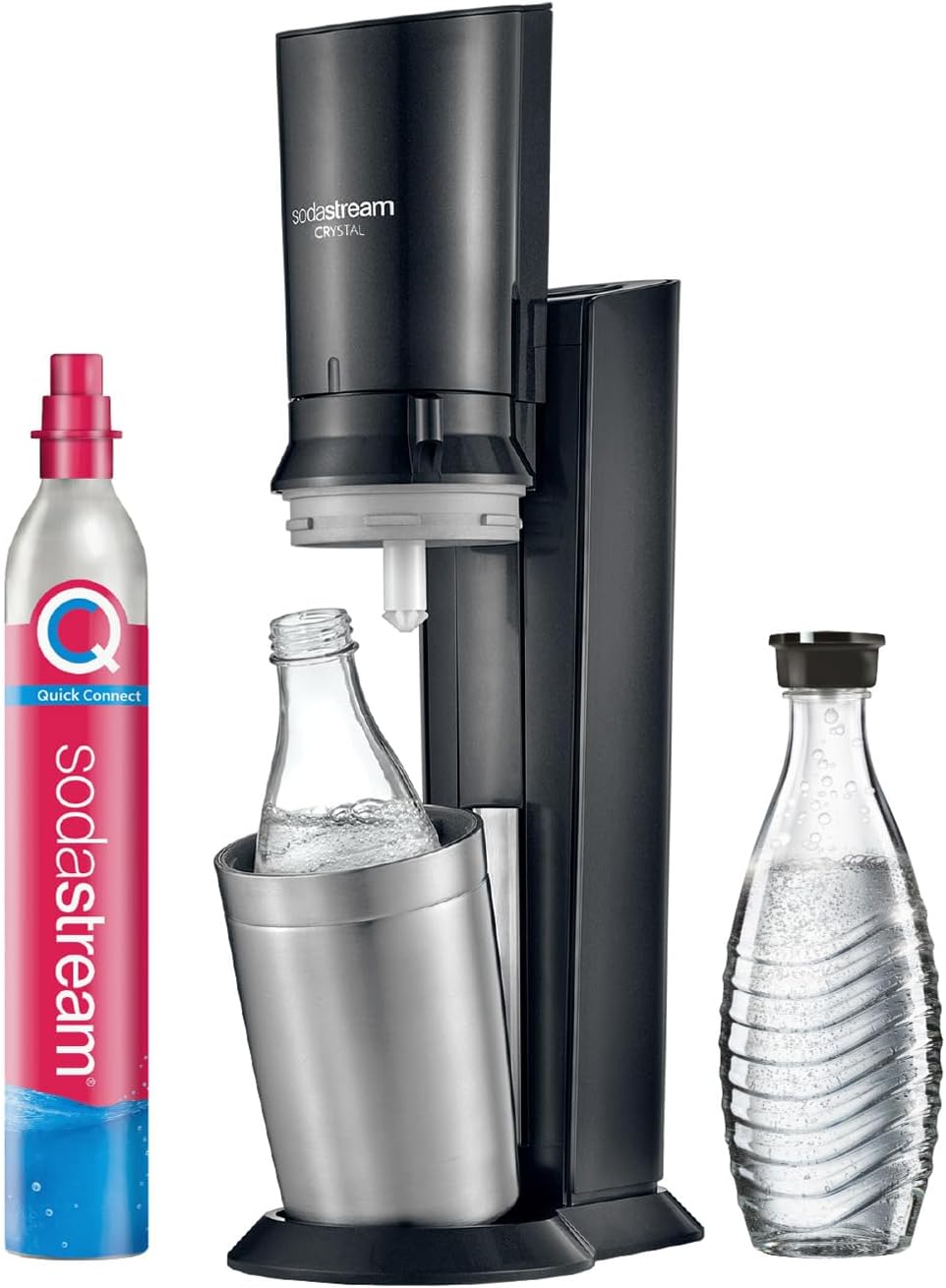 SodaStream Crystal 3.0 Sparkling Water Maker with 1x Quick-Connect CO2 Cylinder and 2x Glass Carafes, Silver, Black, Titanium, 45 cm